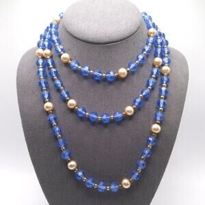 Vintage Lucite Blue Faceted Bead Necklace, Glass Pearl Accents, 1940s, 54 Inches